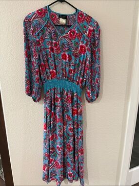 Teal Floral Midi Dress with Smocked Waist and Puff Sleeves